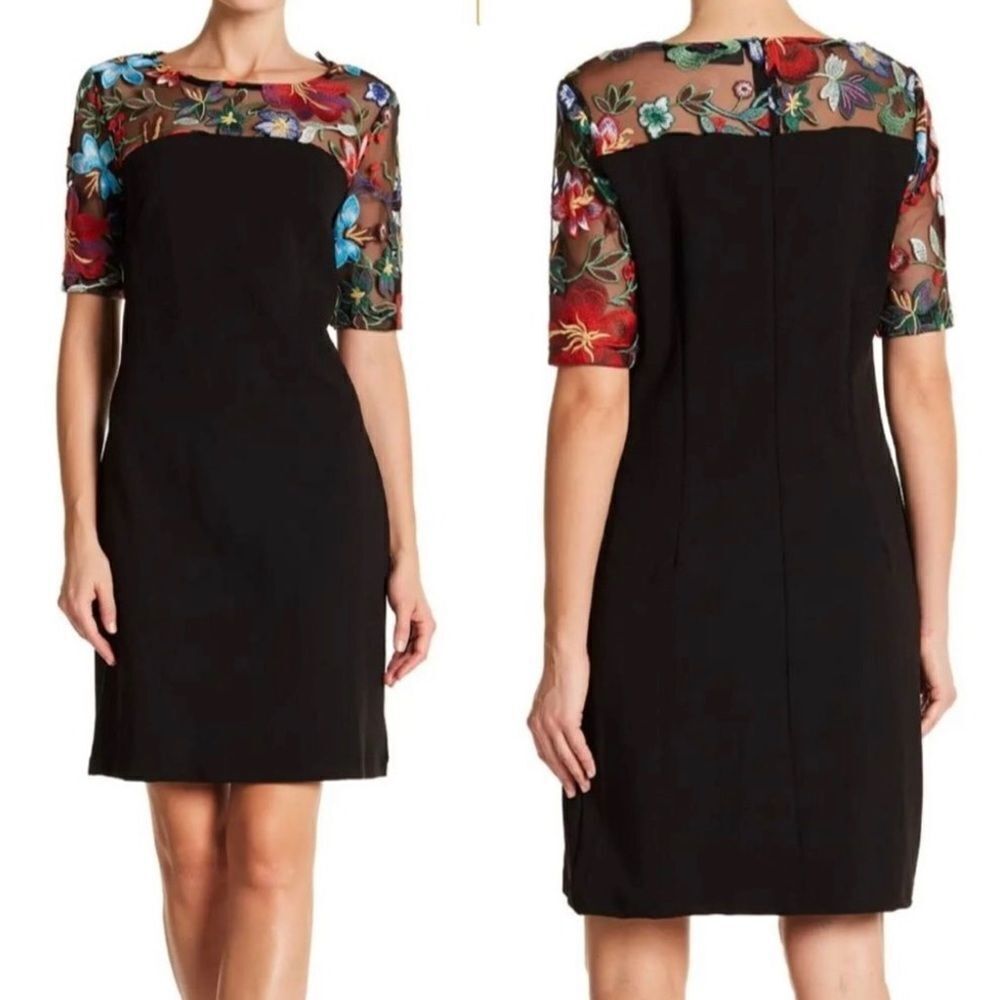 Nina Leonard Embroidered Lace Yoke Black Sheath Dress Sz M New‎